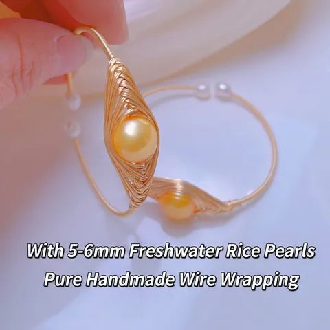 Handmade Gold Wire Wrapped Freshwater Pearl Open Bangle Bracelet For Women Minimalist Elegant Jewelry Gift