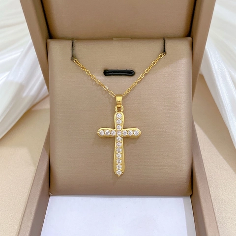 Cross Pendant Necklace Gold Color Zircon Micro Inlaid Copper Pendant Stainless Steel Chain Elegant Luxury Jewelry Women