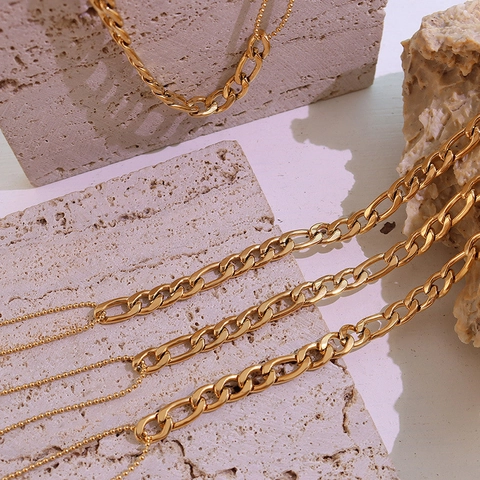 Collar Y Pulsera De Doble Capa Acero De Titanio Chapado En Oro De 18K Cuenta Redonda Cadena Figaro Joyas Para Mujer