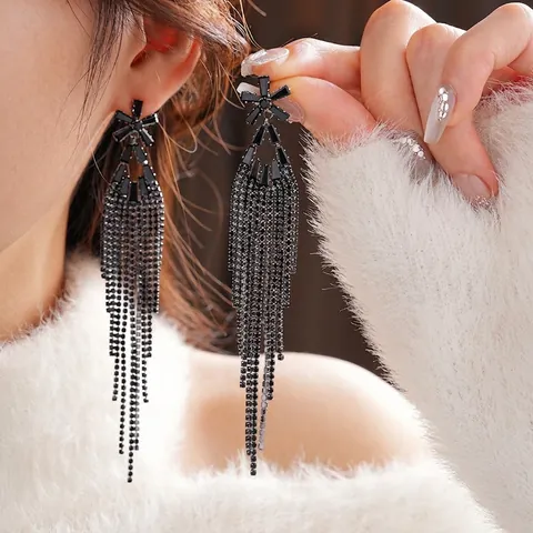 Pendientes Colgantes Flor Borla Diamante Imitación Cobre Negro Joyas Con Poste De Plata Esterlina 925 Para Mujeres