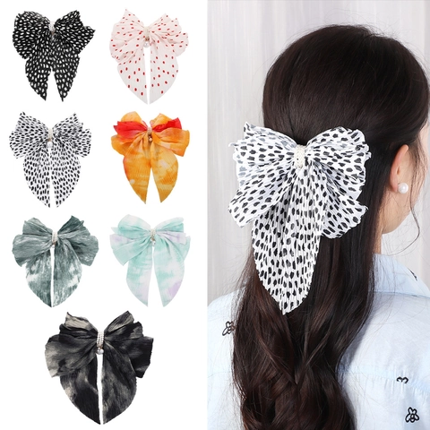 Mollette Per Capelli Con Fiocco Grande Eleganti Tessuto Chiffon Pieghettato Decoro Künstliche Perle Sintetiche Tie Dye Pois Moda Donna