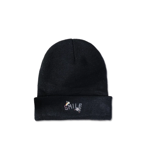Beanie Hat Acrylic Smile Embroidery Rainbow Star Ribbed Knit Cuffed Winter Warm Trendy Outdoor Black