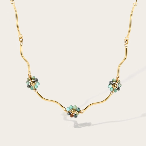 Collar de Cadena Ondulada de Acero Inoxidable Color Oro Boho con Colgante de Cuentas de Flores de Acrílico Coloridas Joyería Mujer