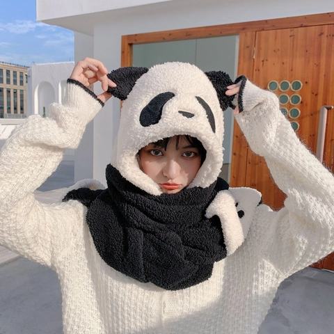 Bufanda Con Capucha Gorro Y Guantes De Panda Felpa Suave Cálido Invierno Protección Para Orejas Bolsillos Para Mujer Novedad
