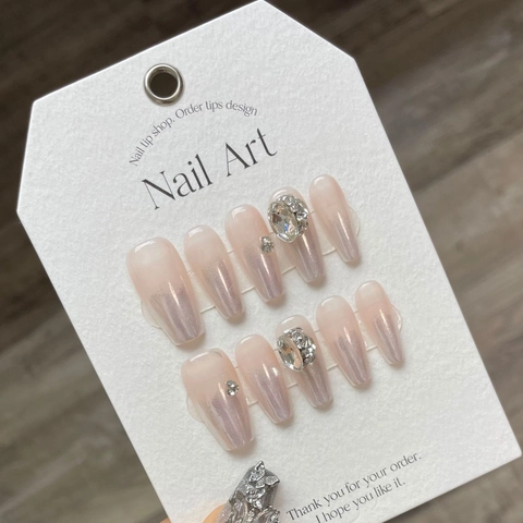 Handmade Press On Nails Moonlight White Gradient Rhinestone Bow Long Coffin False Nails For Women Party Sweet Spicy Girl Style
