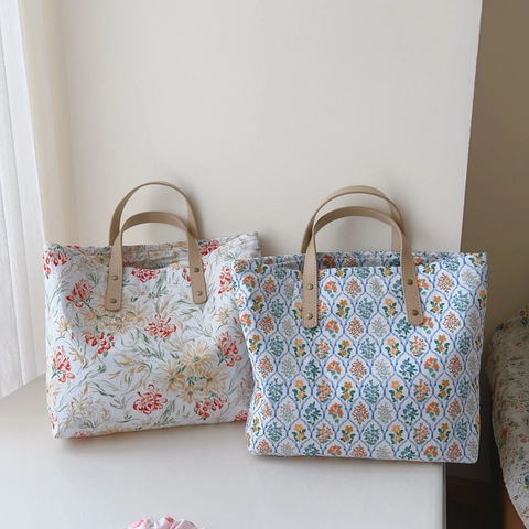 Borsa Tote In Cotone Con Stampa Floreale In Stile Francese Con Manici In Pelle Piccola Borsa A Mano Quadrata Da Donna