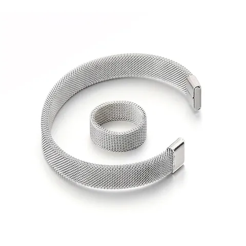 Minimalistische Titanium Stalen Sieradenset Met Geweven Mesh Armband En Bijpassende Ring Voor Dames En Heren Punkstijl