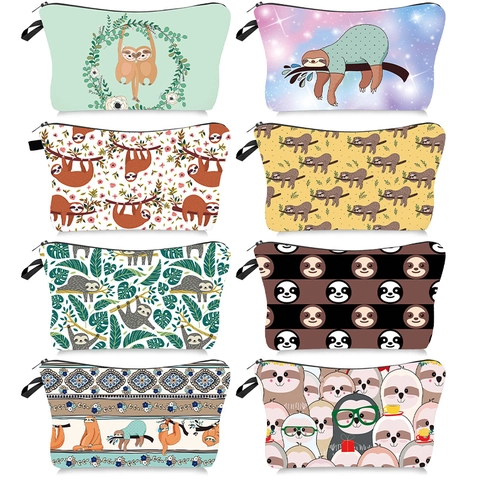 Sloth Printed Makeup Bag Portable Polyester Zipper Toiletry Organizer Travel Storage For Women Cute Tropical Pattern