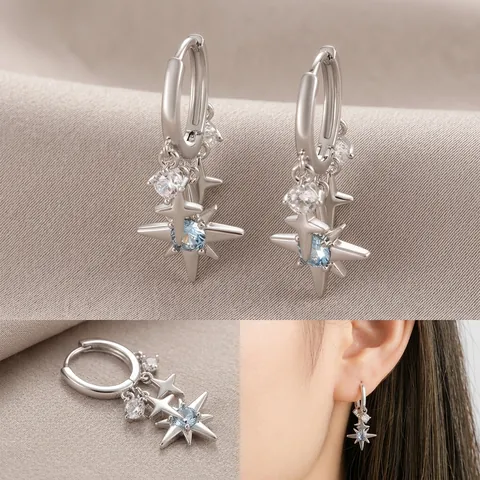 Octagram Star Pendant Hoop Earring Copper With Zircon Light Blue Dangle Sweet Minimalist For Women