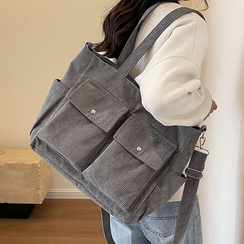 Women Corduroy Tote Bag Large Capacity Vintage Crossbody Handbag With Front Pockets Casual Versatile Shoulder Bag