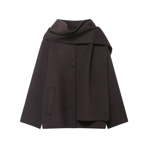 Cappotto da Donna Casual con Collo a Sciarpa in Lana Media Lunghezza Monopetto Tinta Unita Giacca Larga Moda Autunno Inverno