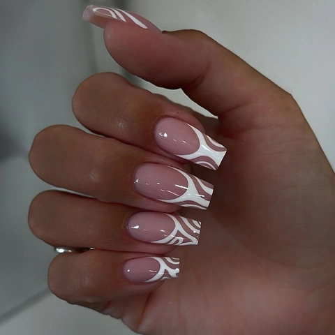 French White Abstract Stripe Press On Nails Pink Glossy Long Square Fake Nails Manicure Wearable Nail Tips