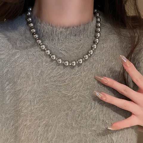Grey Faux Artificial Pearl Necklace With Alloy Spacer Beads Elegant French Style Choker Jewelry For Women Daily Wear Accessory