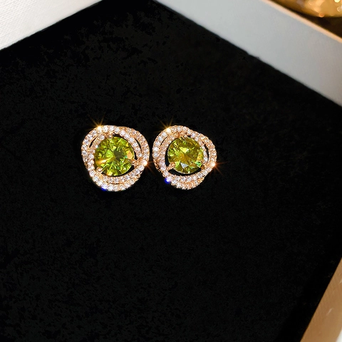 Orecchini A Lobo Vintage Con Zircone Verde E Perno In Argento Rame Geometrico Strass Stile Francese Elegante Per Donne
