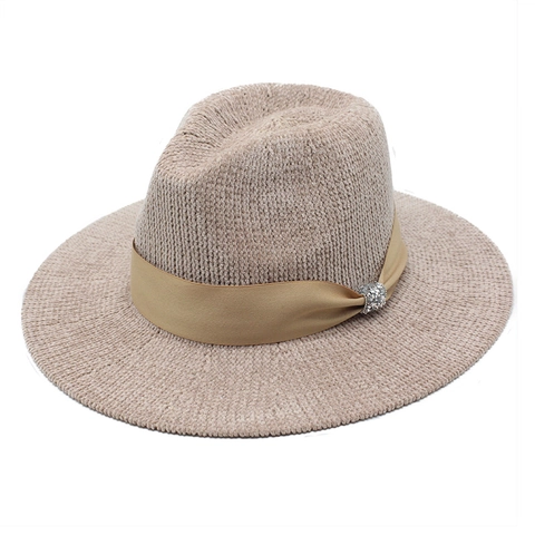 Retro Fedora Hat Chenille Knitted Wide Brim Elegant Winter Warm Jazz Cap With Satin Ribbon And Rhinestone Buckle For Unisex