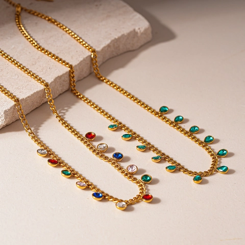 Vintage Stainless Steel Necklace With Teardrop And Round Rhinestone Pendants Geometric Inlaid Gemstone Jewelry For Women