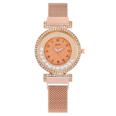 Damen Quarz Uhr Fließende Straßsteine Zifferblatt Milanese Netzband Magnetverschluss Elegante Mode Armbanduhr