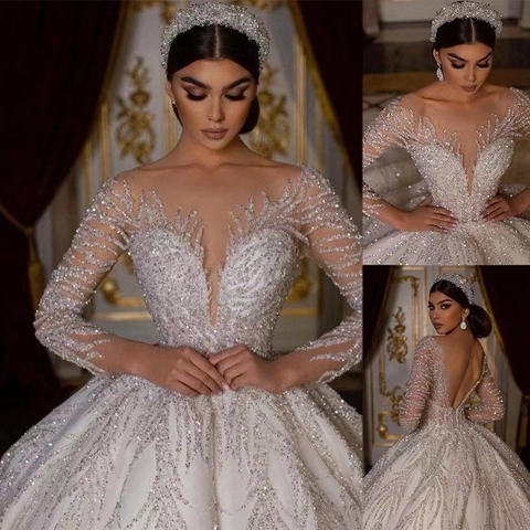 Robe De Mariée Luxe Paillettes Perles Manches Longues Col En V Profond Dos Nu Robe De Bal Avec Longue Traîne Bandeau Et Boucles