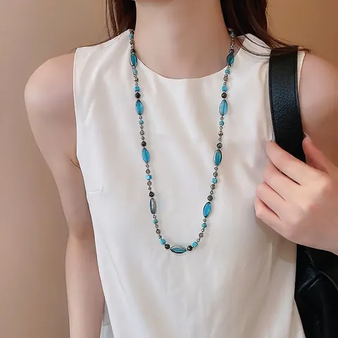 Collana Di Perle Vintage Con Pietra Naturale E Perle Di Vetro Catena Lunga Stile Boho Gioielli Per Donna Blu Turchese