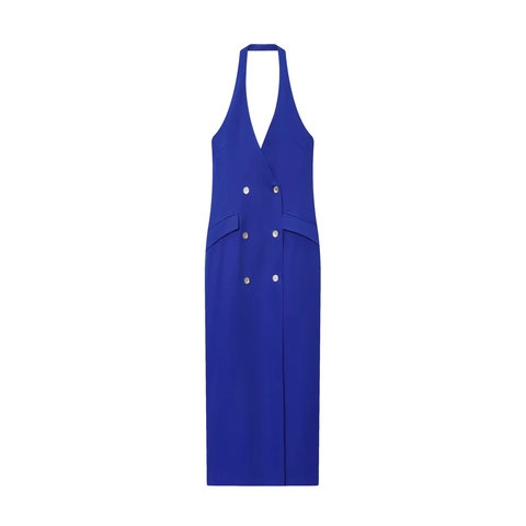 Koninklijk Blauw Halster Nek Blazer Maxi Jurk Polyester Dubbele Rij Gouden Knopen Slanke Pasvorm Elegant Banket Dames