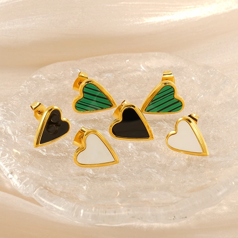 Pendientes De Botón De Corazón Acero Inoxidable Chapado En Oro 18K Con Concha Acrílico Y Textura Malaquita Mujeres