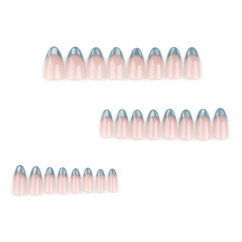 Faux Ongles Press On Amande Cat Eye Bleu Pailleté French Tips Base Rose Nude Brillants Pour Femmes