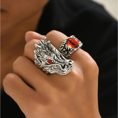Vintage Dragon Head And Red Evil Eye Open Adjustable Rings Alloy Gothic Punk Hip Hop Jewelry For Men