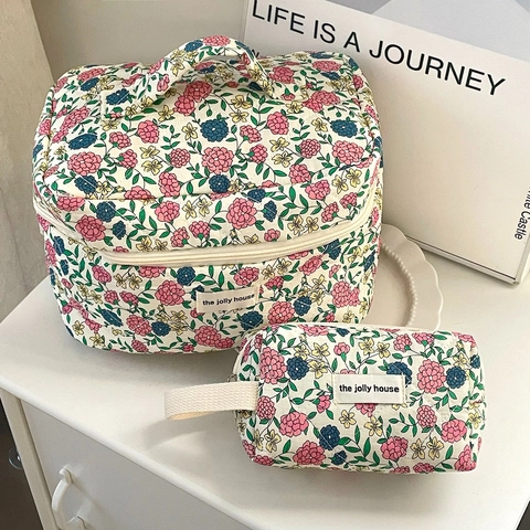 Florale Kosmetiktasche Gesteppte Baumwolle Make-Up Organizer Reise Kulturbeutel Tragbare Retro Pastorale Handtasche Für Damen