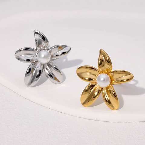 Flower Artificial Pearl Open Ring Stainless Steel 18K Gold Plated Adjustable French Minimalist Chic Jewelry For Women