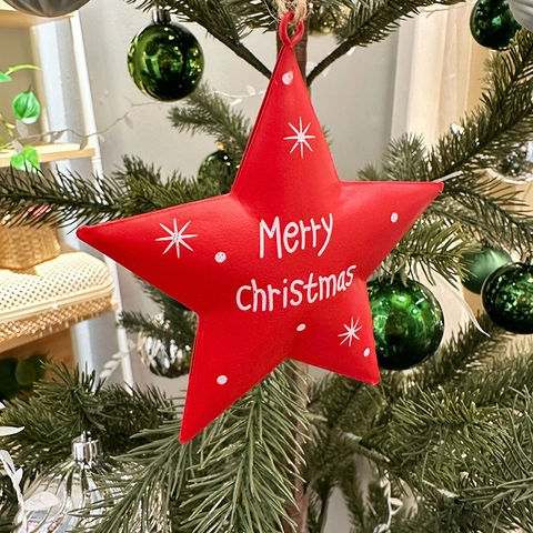 Ornamenti Appesi Albero Di Natale Ferro Metallo Stella Forma Scatola Regalo Stampato Buon Natale Con Fiocco E Campanelli