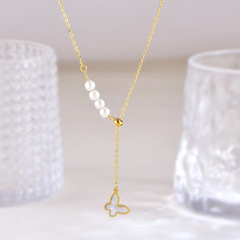 Collana Stile Coreano Acciaio Inossidabile Farfalla Perla Artificiale Nappa Oro Placcato Pendente Rotondo Doppia Faccia Donna Gioielli