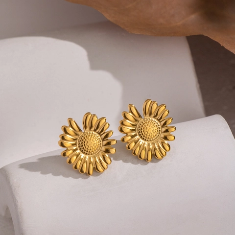 Pendientes De Girasol Acero Inoxidable 304 Chapado En Oro PVD Impermeable Hipoalergénico Joyería Floral Para Mujeres
