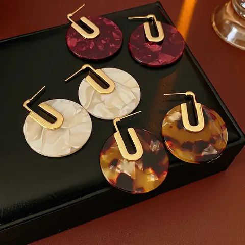 Orecchini Pendenti Rotondi In Acetato Con Perno In Argento Placcato Oro Texture Marmo Per Donna