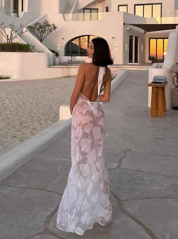 Robe Maxi Dos Nu Col En V Profond Transparent Motif Feuille Dévoré Sexy Plage Vacances Été Élégant Blanc Femme
