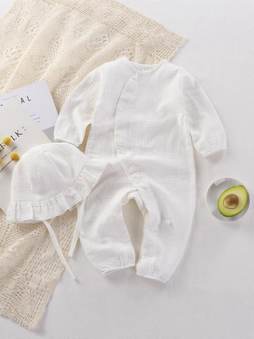 Infant 100% Cotton Gauze Long Sleeve Romper And Ruffled Hat Set Side Snap Jumpsuit Soft Breathable Newborn Pajamas Clothing