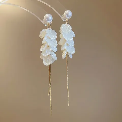 Pendientes Largos Con Borla Y Poste De Plata De Ley 925 Perla Artificial De Imitación Pétalo Blanco Vintage Francés Para Mujeres