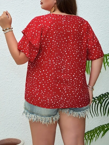 Women Plus Size Polka Dot Blouse Ruffle Sleeve Round Neck Polyester Top For Casual Vacation Elegant Summer Style