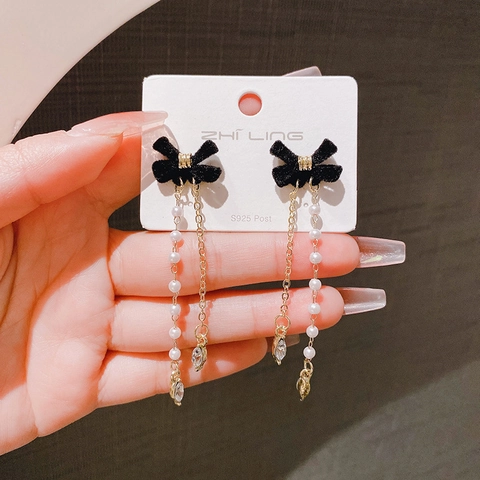 Velvet Bowknot Tassel Earrings With Faux Artificial Pearl Zircon Alloy And 925 Sterling Silver Earring Post French Retro Elegant