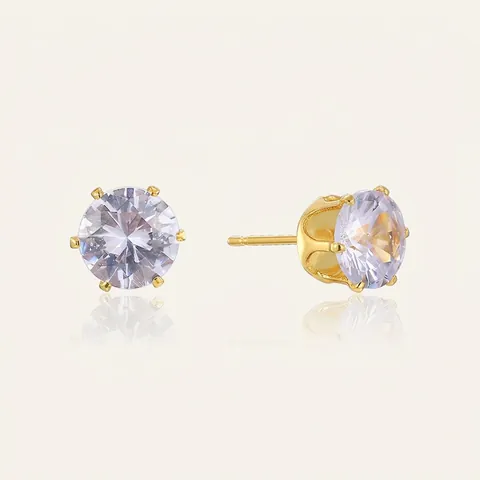 Boucles D'oreilles Puces Élégantes Plaquées Or 18K Cuivre Base Couronne Zircon Rond Cristal Femmes Bijoux Raffinés