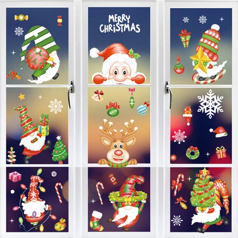 Christmas Window Clings Static Stickers PVC Double Sided Santa Claus Reindeer Gnome Snowflakes Holiday Glass Decor