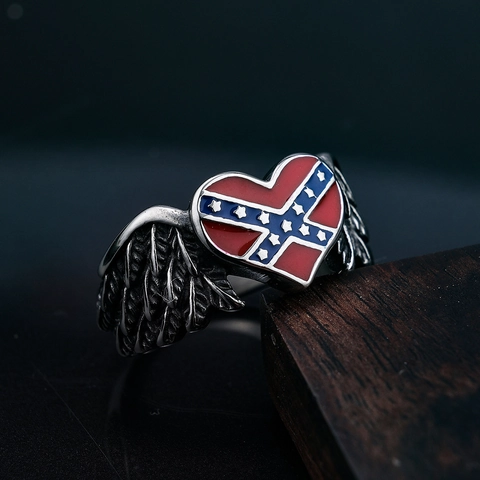 Heart Wing Ring Stainless Steel Enamel Flag Pattern Polished Retro Punk Jewelry For Men Women