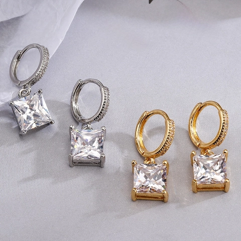 Pendientes Colgantes De Zircón Cuadrado Cobre Chapado En Oro Corte Princesa Huggie Hoop Para Mujeres Moda