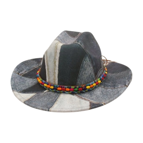 Cappello Fedora Cowboy In Denim Patchwork Stile Western Vintage Con Fascia Di Perline Colorate Protezione Solare