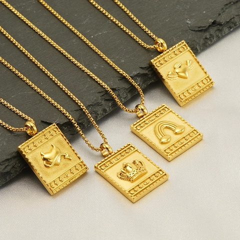 Square Pendant Necklace Stainless Steel 18K Gold Plated Retro Embossed Heart Crown Rainbow Celestial Hip Hop Fashion Jewelry