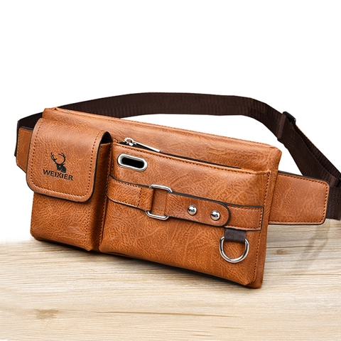 Men Chest Bag PU Leather Crossbody Sling Pack Vintage Tactical Waist Bag With Headphone Hole Multi Pocket For Travel