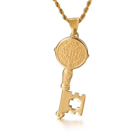 Sint Benedictus Medaille Sleutel Hanger Roestvrij Staal Religieus Kruis Vintage Hip Hop Sieraden Voor Heren