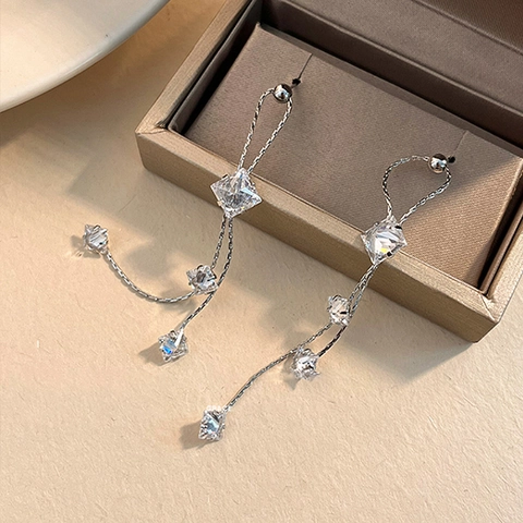 Pendientes Largos De Borla Con Circón Rómbico Con Silver Earring Post Estrella Geométrica Joyería Elegante Para Mujer