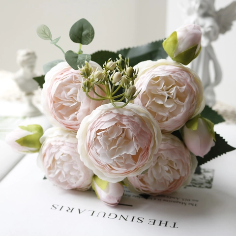 Bouquet di Rose Peonie Artificiali in Satin Multi Testa Fiori Finti per Matrimonio Casa Decorazione Tavola Composizione Floreale
