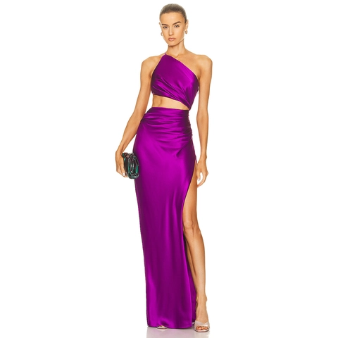 Vestito Maxi In Raso Monospalla Con Taglio Ruched Spacco Alto Sexy Elegante Da Sera Per Donna