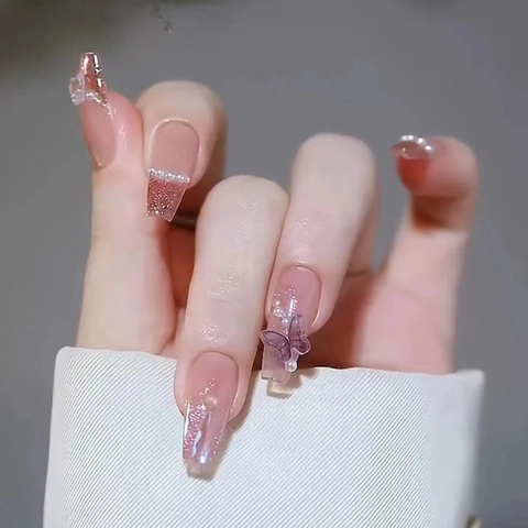Press On Nägel Lange Sargform Harz Französisch Farbverlauf Rouge Rosa Mit Strass Herz Schmetterling Künstliche Perlen Und Kleber